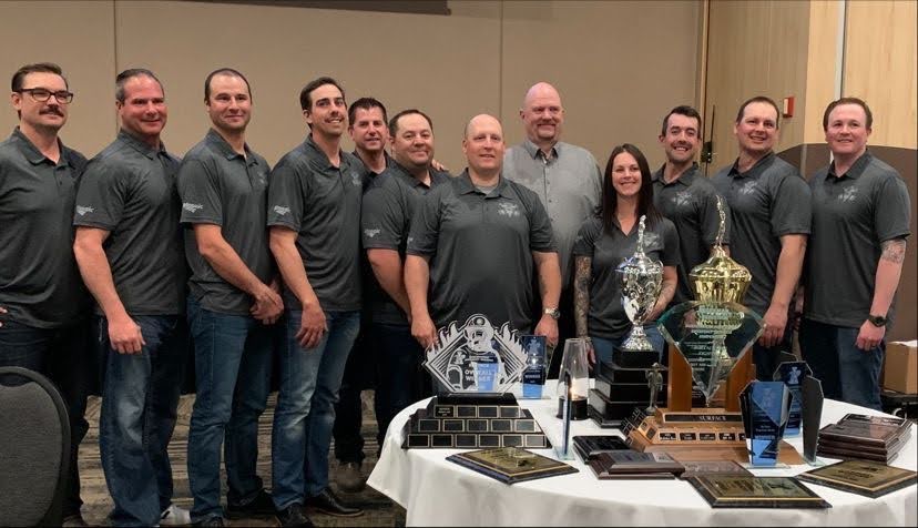 The Belle Plaine group placed first among the surface mining teams. Left to Right: Darren Soyka, Jav Steinhauer. Jamie Poulin, Kvana Main, Richard Petit, Brett King, Jason Hetherington